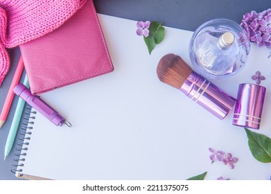 White Empty List Mockup With Violet Flowers, Circle Perfume Bottle And Make Up Brush