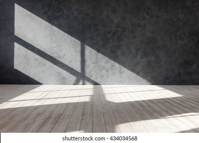 White Empty Loft Interior With Dark Wall And Window Shadow. Daylight Studio Interior With White Wood Floor And Large Industrial Window. Space Concept. 