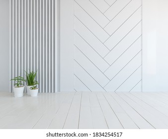 White empty minimalist room interior with vases on a wooden floor, decor on a large wall, white landscape in window. Background interior. Home nordic interior. 3D illustration - Shutterstock ID 1834254517