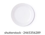 White empty plate isolated on white background with clipping path, top view, flat lay.