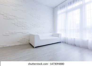 White empty room interior with wood floor, window, door.