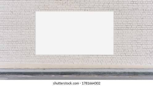 White Empty Signboard With Blank Advertising Mock-up On Light Brick Wall Over Sidewalk At City Street Front View