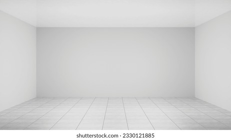 White empty studio room interior design, white walls and corner, tiled white empty floor background, luxury empty interior for product desplay.
