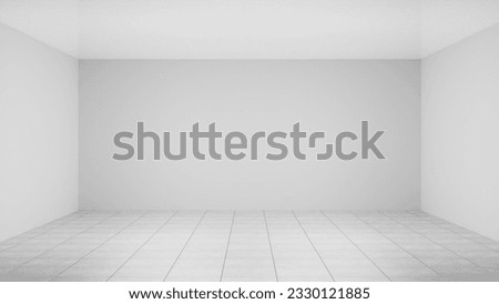 White empty studio room interior design, white walls and corner, tiled white empty floor background, luxury empty interior for product desplay.