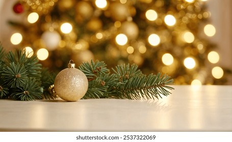 White empty table top in front, blurred christmas tree background. Xmas celebration banner with empty space. White holiday backdrop with golden bokeh lights. Happy New Year scene