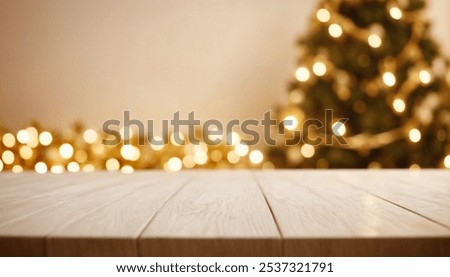 White empty table top in front, blurred christmas tree background. Xmas celebration banner with empty space. White holiday backdrop with golden bokeh lights. Happy New Year scene