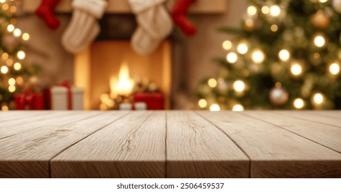 white The empty wooden table top with blur background of Christmas - Powered by Shutterstock