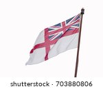 The White Ensign flag (as flown on British Royal Navy ships) on a flagpole,  a windy day, isolated on a white background.
