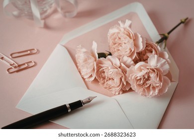 A white envelope overflows with delicate pink carnations, accompanied by a classic fountain pen and rose gold paper clips on a soft pink background.