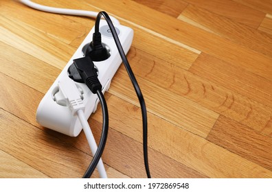 White Extension Cord With Three Outlets. Power Strip With Switch For Home Or Office.