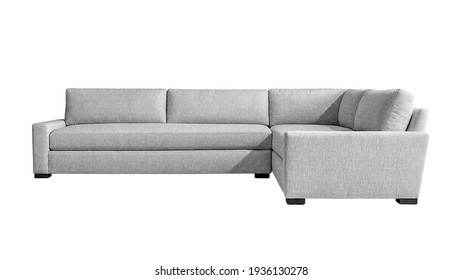 White Fabric Angular Sofa On Dark Wooden Legs Isolated On White Background. Series Of Furniture