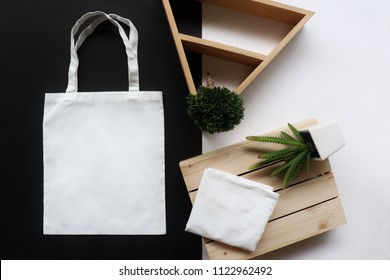 White Fabric Tote Bag For Save Environment On Black And White Background