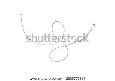 A white fabric-braided USB Type-C cable isolated on a white background. Ideal for concepts related to business technology, data transfer, connectivity and fast charging for modern devices.