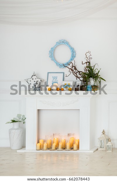 White Fake Fireplace Burning Candles Transparent Stock Photo Edit