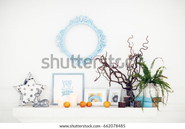 White Fake Fireplace Burning Candles Transparent Stock Photo Edit