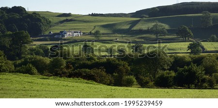  white Farm house in the rolling Scottish Countryside in Galloway Scotland with trees ,fields and rolling hills in the distance and early morning summer sunshine. A senic view of the rural Landscape.