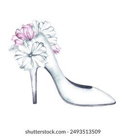 White fashionable women's high-heeled shoes decorated with flowers. An element of the bride's outfit. The lady logo. A watercolor illustration made by hand. For the design of postcards, banner, flyer - Powered by Shutterstock