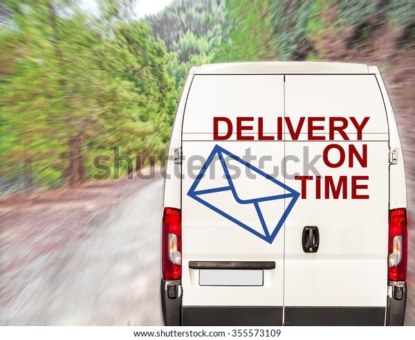 White fast delivery on time Van driving fast on\
forest road