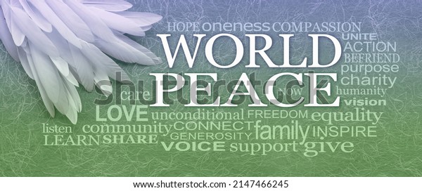 White feather for World Peace\
Word Cloud - long white feathers in left top corner against a\
fibrous blue green graduated background with a WORLD PEACE word\
cloud\
