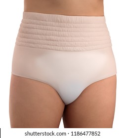 White Female Pelvic Area Wearing An Adult Diaper.