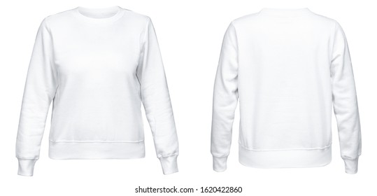 White female sweatshirt with long sleeve mockup for your design isolated on white background. Template pullover front and back side view