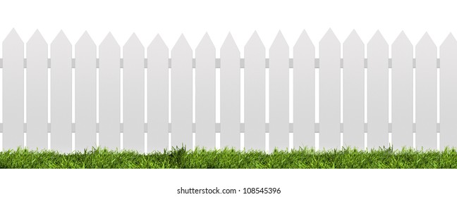 White fence with green grass isolated on white with clipping path - Shutterstock ID 108545396