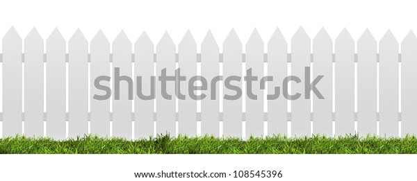 White fence with green grass isolated on white with\
clipping path