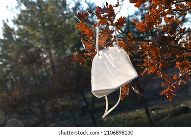 white ffp2 protective mask abandoned in nature, hanging from a tree branch. Used protective masks abandoned during the Coronavirus pandemic on public places. Concept for pollution of the environment