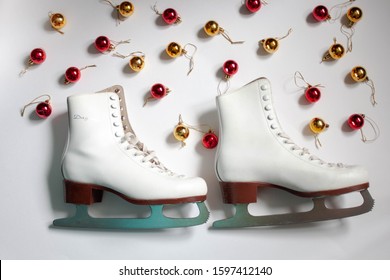 White Figure Skates Close Up Boots And Blades For Skating