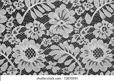 White Fine Lace Floral Texture On Black Background