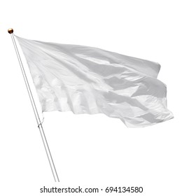White flag waving in the wind on white background. Perfect mockup to add any logo, symbol or sign