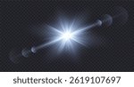 White flashlight with bokeh effect on transparent background, glowing light burst with radiant beams and lens flare effect. Magic energy explosion overlay for sci-fi, tech png moonlight bg.