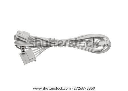 White flat PC power cable with Molex and peripheral connectors isolated on white background.