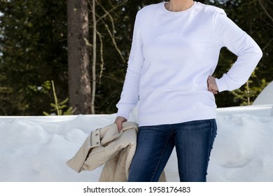 White Fleece Crewneck Sweatshirt Mockup Featuring A Girl In The Winter Snowy Woods. Heavyweight Sweatshirt Template, Model Mockup  