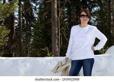 White Fleece Crewneck Sweatshirt Mockup Featuring A Woman In The Winter Forest. Heavyweight Sweatshirt Template, Model Mockup  