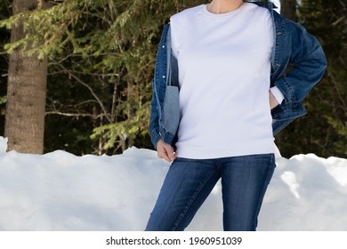 White Fleece Crewneck Sweatshirt Mockup Featuring A Girl In Snowy Winter Forest. Heavyweight Sweatshirt Template, Model Mockup  