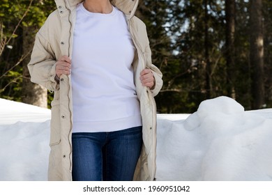 White Fleece Crewneck Sweatshirt Mockup Featuring A Girl Wearing Ecru Quilted  Jacket. Heavyweight Sweatshirt Template, Model Mockup  