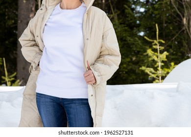 White Fleece Crewneck Sweatshirt Mockup Featuring A Girl Wearing Beige Quilted  Jacket. Heavyweight Sweatshirt Template, Model Mockup  