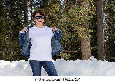 White Fleece Crewneck Sweatshirt Mockup Featuring A Woman Wearing Denim Jacket. Heavyweight Sweatshirt Template, Model Mockup  