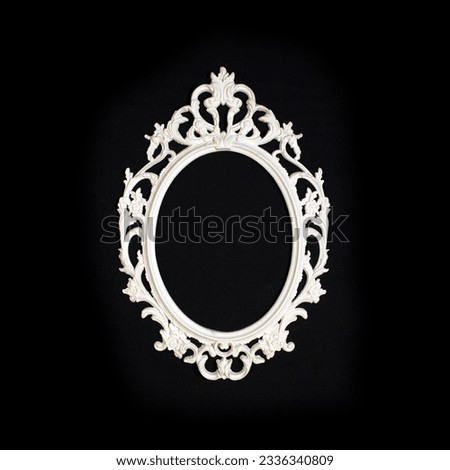 White floral design photo frame isolated on black background, Victorian decoration ornament
