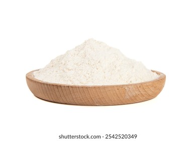 White flour in wood plate isolated on white background