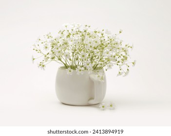 White flower bouquet in mug vase. Minimalist still life. Light and shadow beige nature background. - Powered by Shutterstock