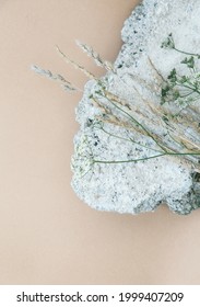 White Flowers And Stone On Beige Wall. Aesthetic Minimal Wallpaper. Summer  Floral Plant Background Composition