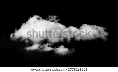 White fluffy cloud on black background, isolated element for design and compositing, contrasting black and white image