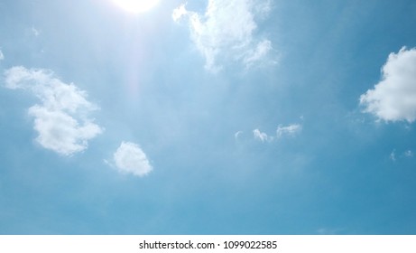 White fluffy clouds with blue sky and sun light for background texture 