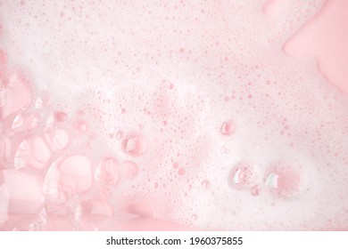 White Foam Bubbles Texture On Pink Pastel Background, Copy Space, Banner For Loundry, Cleaning Service, Bathroom Concept, Clean, Wash - Liquid Soap, Shower Gel, Shampoo