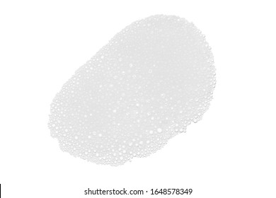 White Foam Texture From Soap, Detergent, Shampoo, Shaving Foam Or Cleanser On White Background. Close Up, Macro. Foamy Skin Care Product. Cleansing Product Texture