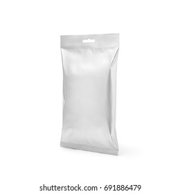 White Foil Blank Paper Pillow Food Snack Bag Isolated On White Background. Packaging Template Mockup Collection. With Clipping Path Included. Chips Paper Package.