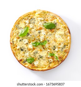 White four cheeses pizza with melted parmesan, gorgonzola, mozzarella and gouda cheese isolated. Traditional italian whole flatbread with 4 cheese and dried basil cutout