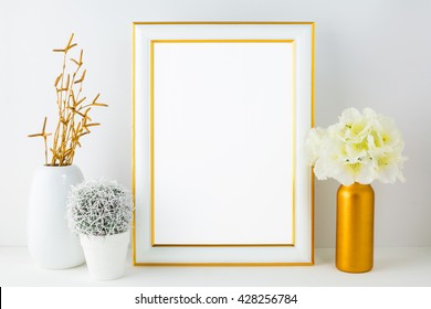 White Frame Mockup With Small Cactus. Frame Mockup. Poster Design Gold Frame Mockup. 